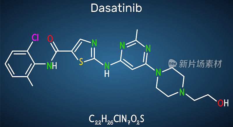 达沙替尼的分子。它被用来治疗骨髓性白血病(CML)和急性淋巴细胞白血病(ALL)。结构化学式在深蓝色背景上