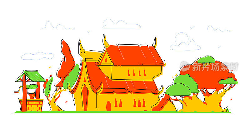 教堂和农民小屋-现代平面设计风格插画
