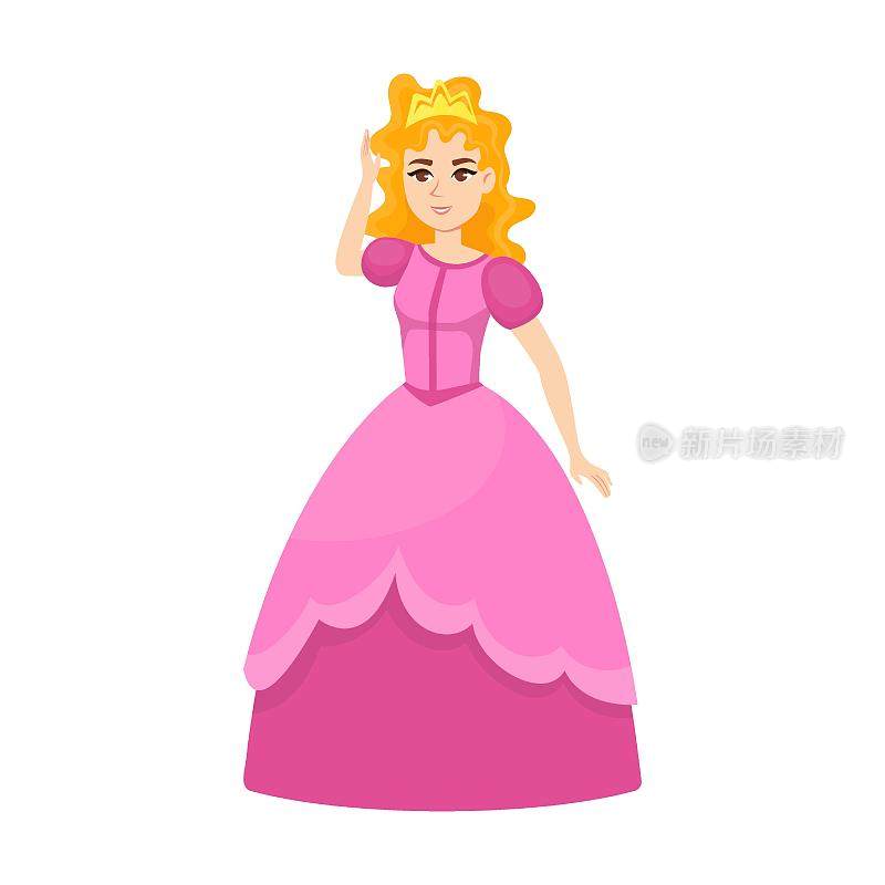 年轻美丽的公主在粉色连衣裙调整头上的皇冠，卡通矢量插图。优雅的童话女人穿着彩色的服装和连衣裙