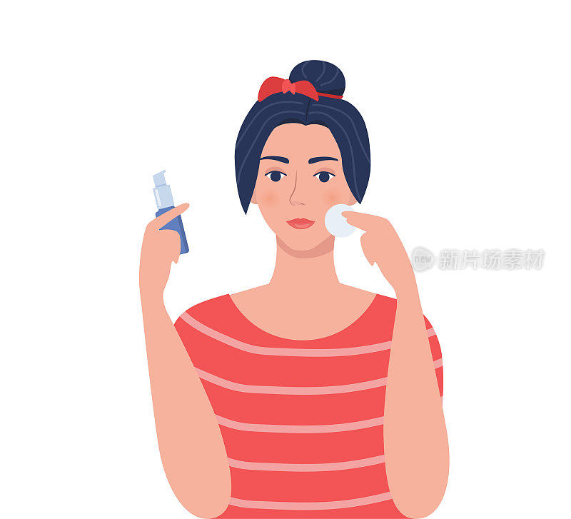 年轻女子用化妆棉洗脸，手里拿着洁面乳。美容、护肤和美容概念。平面风格的矢量插图。