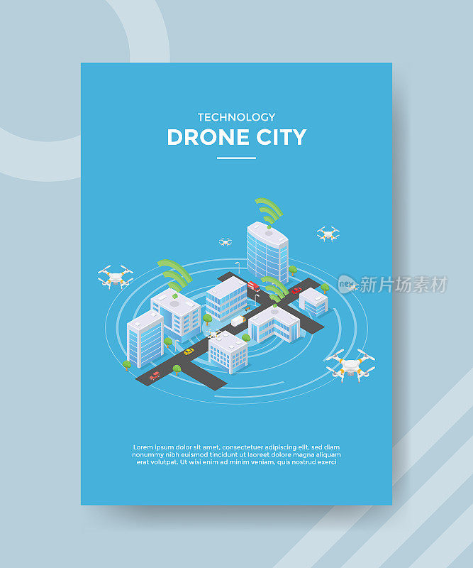 技术无人机城市概念无人机飞行在街道建筑模板传单和打印横幅覆盖等距3d平面风格