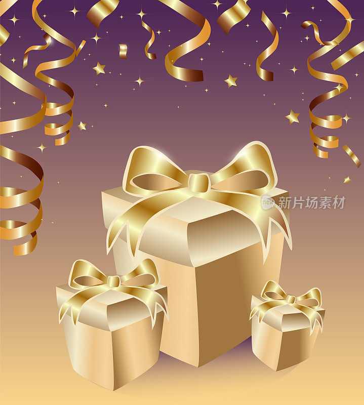金色的节日礼盒，背景是亮片和蛇纹石