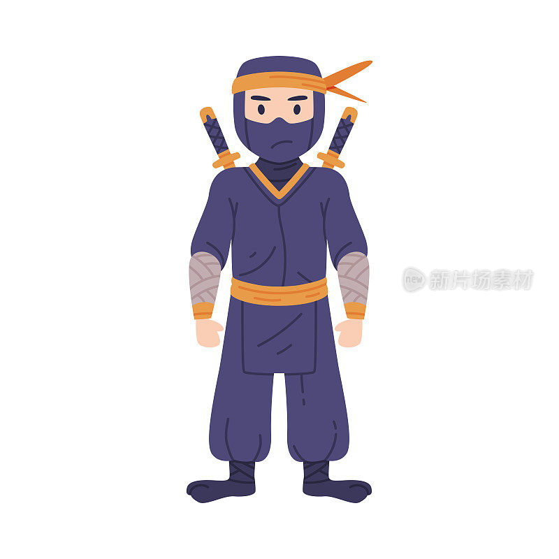 站立忍者或忍者角色作为日本隐蔽特工或雇佣兵在Shozoku伪装服装与剑背后的矢量插图