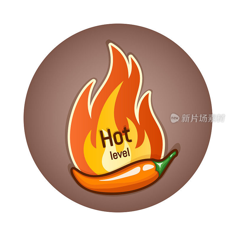 辣椒豆荚和火焰的火焰，徽章或标志设计。辣度。矢量图