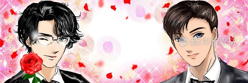 Shoujo漫画风格的宽幅插图，一个黑头发的英俊男孩邀请与温柔的微笑，一只手拿着红玫瑰。