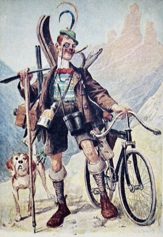 游客在白云石带着狗,步枪,自行车,冰爪和滑雪橇