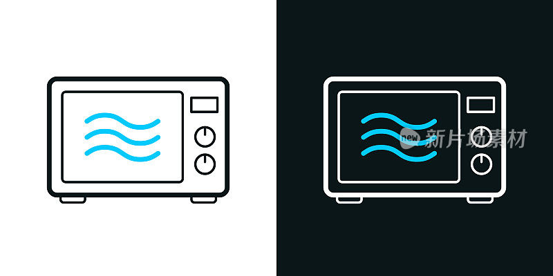 微波炉。黑色或白色背景上的双色线图标-可编辑的笔画