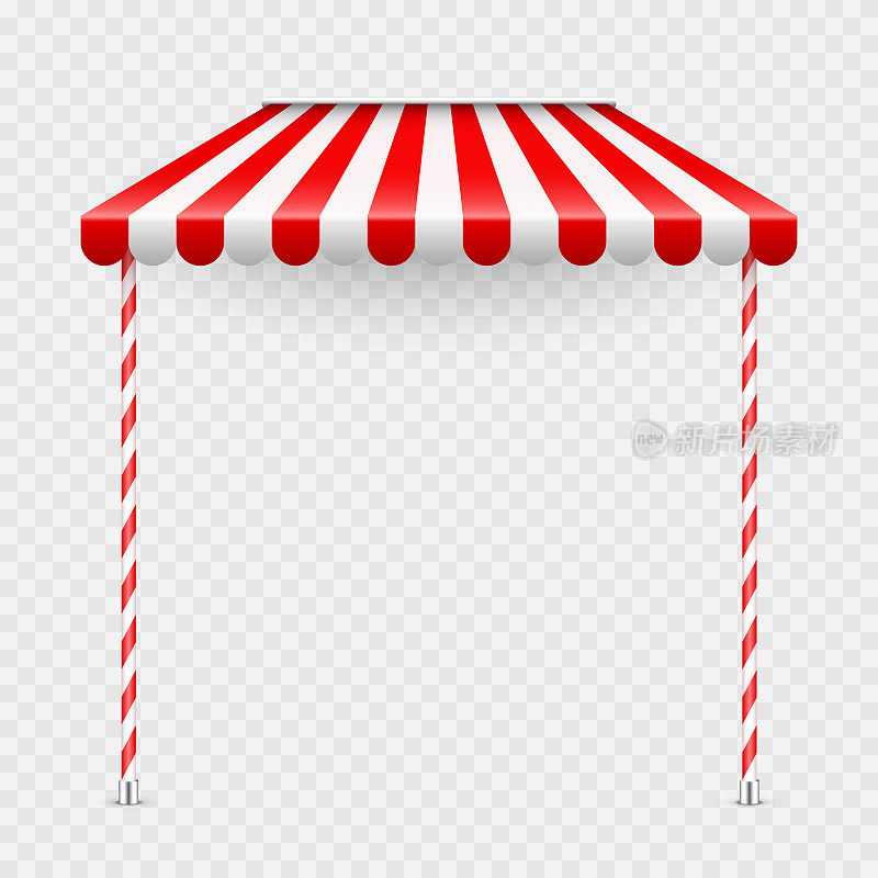 带有支架的红色商店遮阳伞。逼真的条纹咖啡馆遮阳篷。露天市场帐篷。屋顶树冠。夏街商店。矢量图