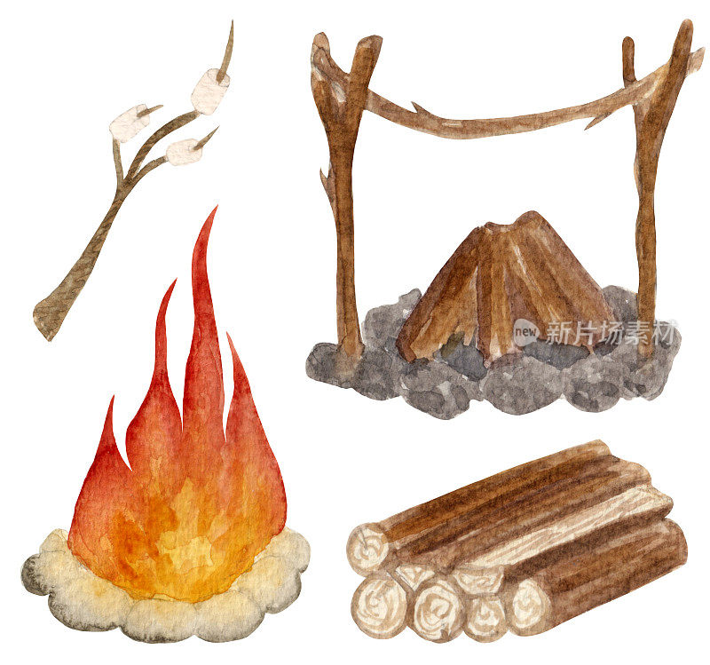 水彩画收集旅行元素，准备火坑，燃烧篝火，树枝与棉花糖和一串原木。元素孤立在白色背景上。