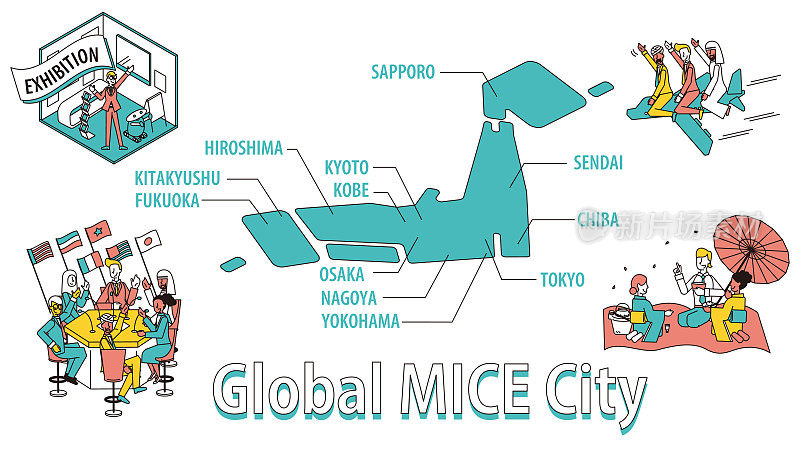 主要视觉插图，表达商业活动(MICE)展览，国际会议，以及在日本举行的经验