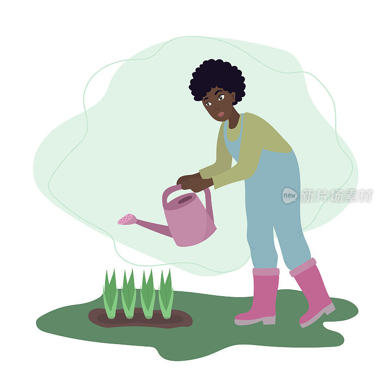女人拿着喷壶。女园丁在春天浇灌植物。插图在平面卡通风格