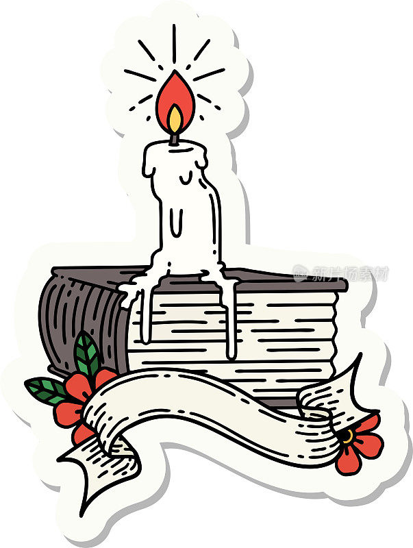 纹身风格的蜡烛在书上融化的贴纸