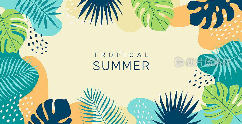 夏季抽象热带背景与棕榈叶。异国情调的夏威夷花墙纸。现代时尚的色彩设计。矢量模板的贺卡，海报，横幅。