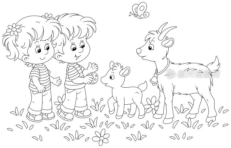 小男孩和小女孩用饼干招待山羊