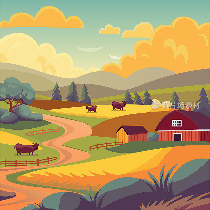 乡村景观插图为背景。农舍和谷仓，奶牛在田野里吃草。