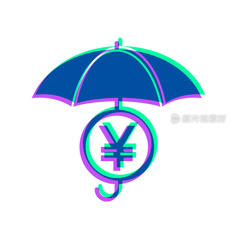 伞下的日元硬币。图标与两种颜色叠加在白色背景上
