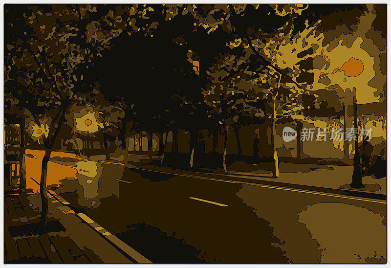 轮廓风格霓虹色彩的超宇宙卡通户外场景，街道树在城市