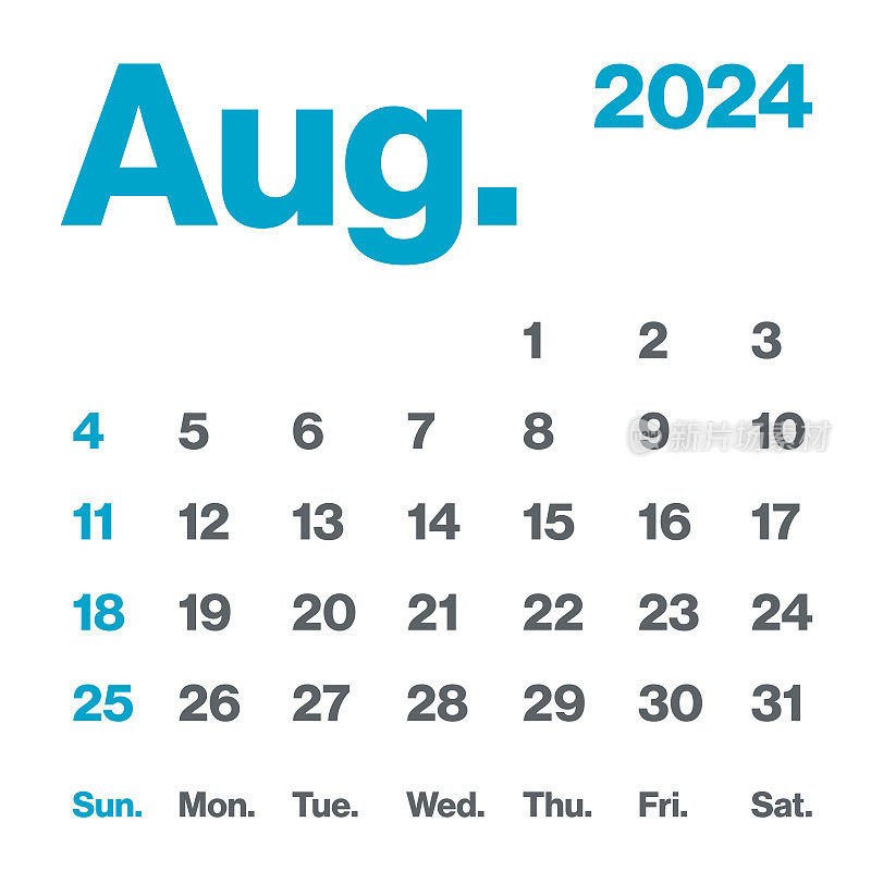 2024年8月-月历。极简风格的方形日历。向量模板。一周从周日开始