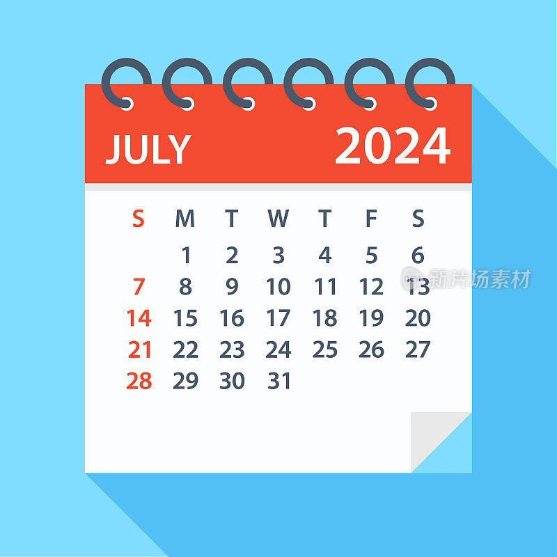 2024年7月――日历。一周从周日开始