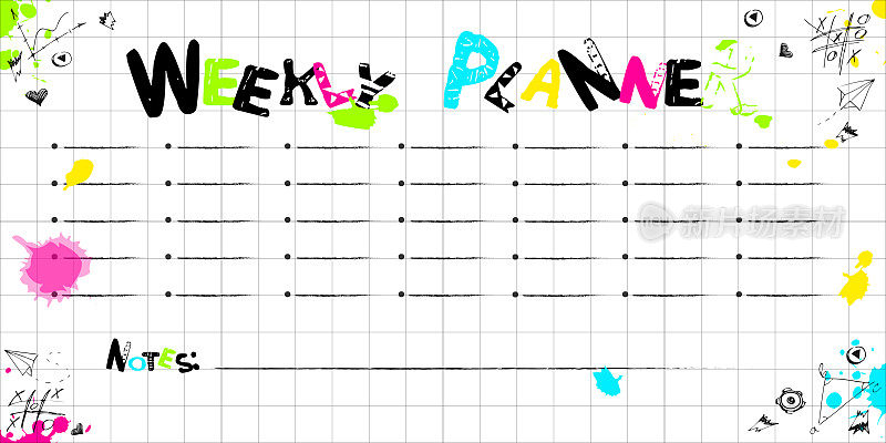学校风格的时间规划理念。在笔记本上写一张每周要做的事情清单，上面有手绘和多色的斑点。