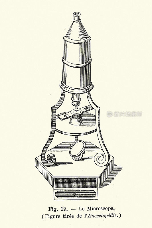 18世纪风格的显微镜复古插图，科学史