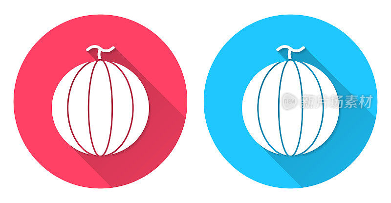 瓜。圆形图标与长阴影在红色或蓝色的背景