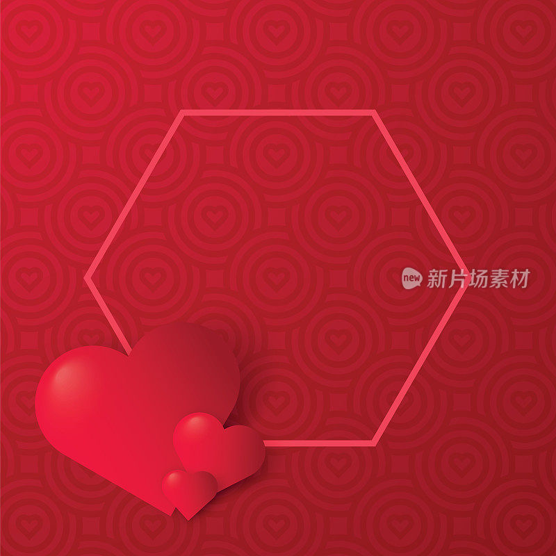 情人节。爱情概念空白模板。情人节快乐与象征3d红心在红色的背景。矢量股票插图
