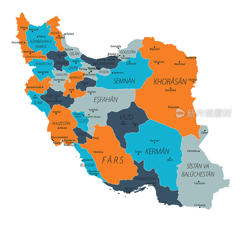 伊朗的地图。矢量彩色地图的伊朗