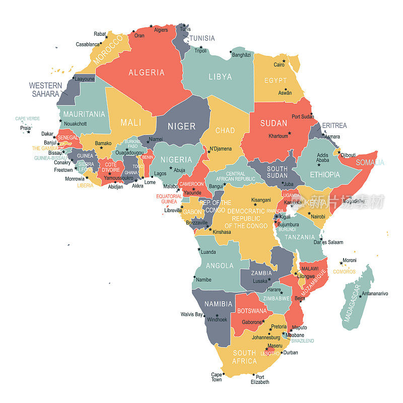 非洲地图。矢量彩色非洲地图