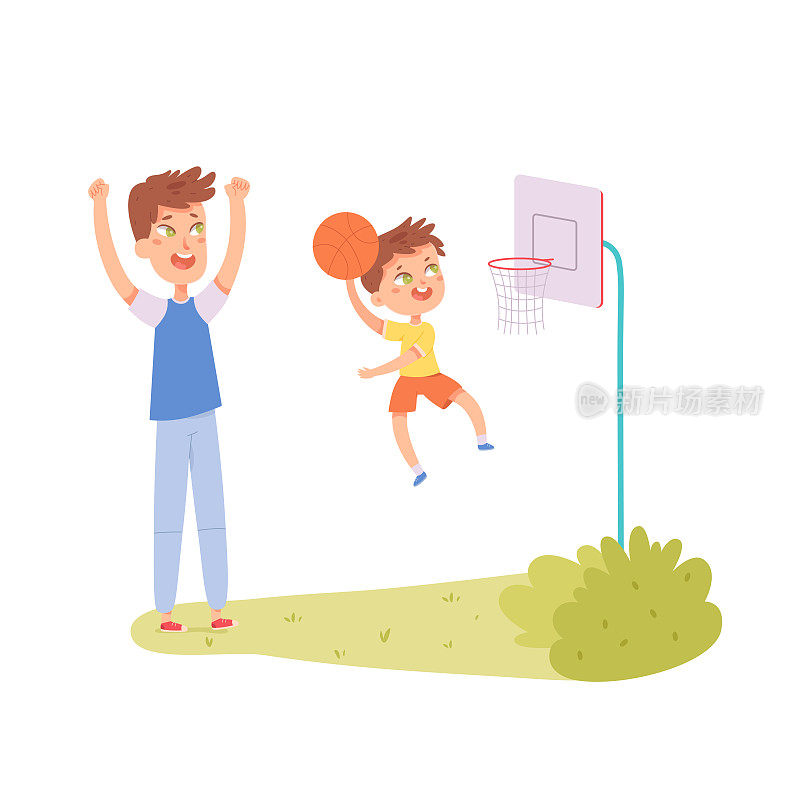 父子俩打篮球，可爱的孩子蹦蹦跳跳，男孩抱着球扔进篮筐