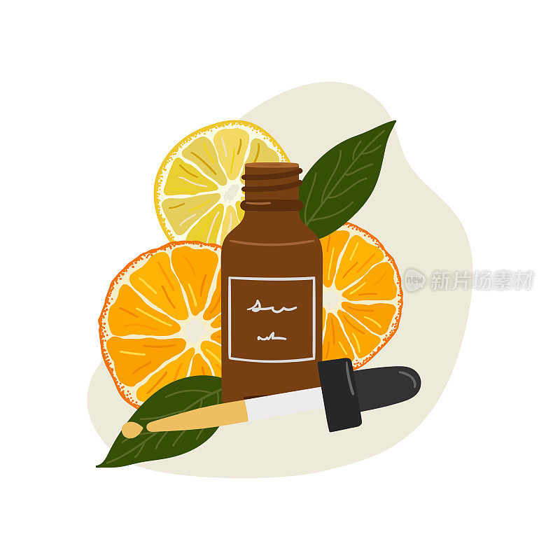 有机化妆品的成分在瓶护肤与抽象的形状和绿色植物，橙色，柠檬。移液管和精华液，乳霜产品。手绘矢量图