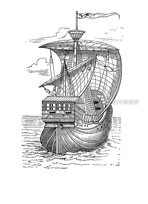 “圣玛丽亚·哥伦布”号的旗舰是一艘中型诺诺船，类似于带有城堡的卡拉威尔船，有单层甲板和三根小桅杆