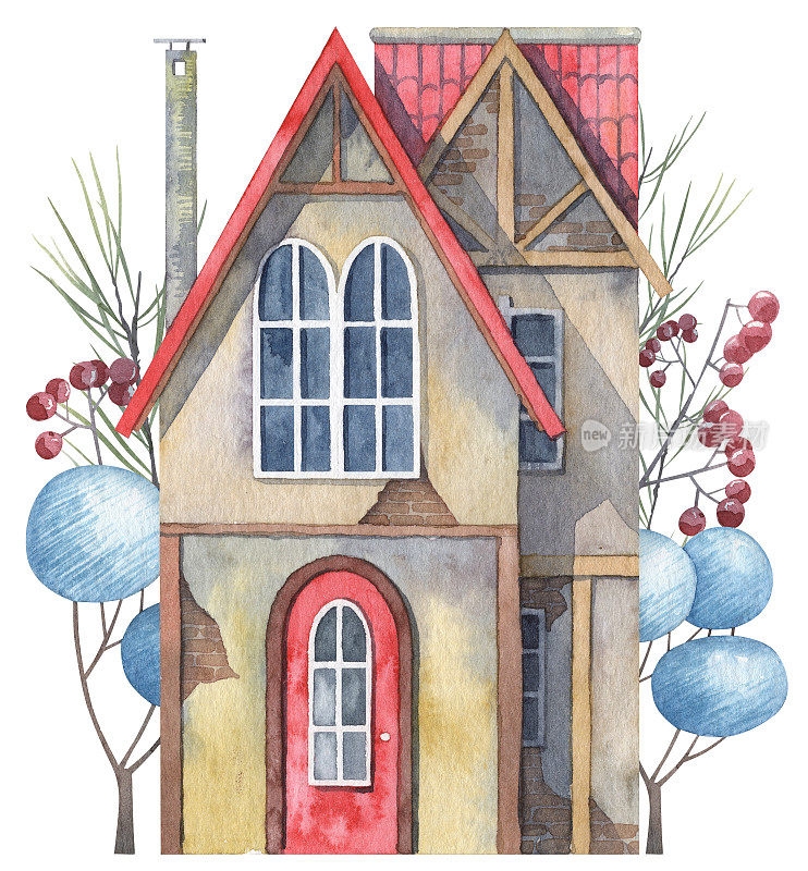 可爱舒适的房子，有大烟囱和覆盖着雪的红瓦屋顶。