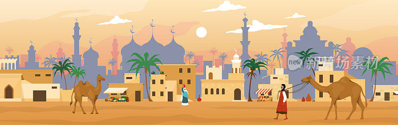 阿拉伯沙漠。沙特市场。古老的景观。户外亭和城镇广场上的骆驼。摩洛哥建筑。阿拉伯的架构。清真寺的城楼。市场上的风景。矢量图