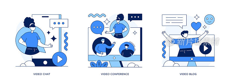 视频聊天，视频会议，视频博客细线插图