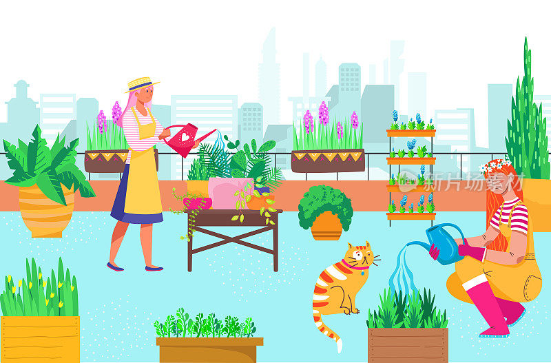 城市屋顶绿化版图，人女园丁人物一起照料花草，屋顶农民花园平面矢量插画。