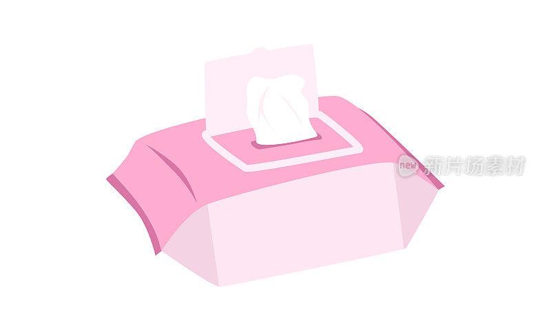 湿婴儿湿巾剪纸。简单可爱的粉色婴儿湿巾平面矢量插图。塑料包装卡通风格的湿巾。儿童，婴儿淋浴，育儿室装饰。抗菌餐巾纸，卫生用纸