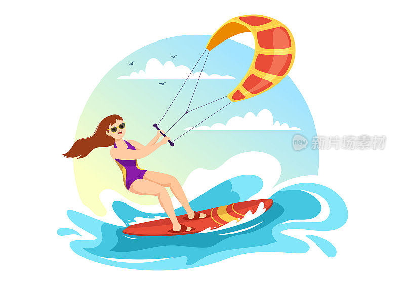 风筝冲浪插图与风筝冲浪者站在风筝板在夏季海极限水上运动平面卡通手绘模板