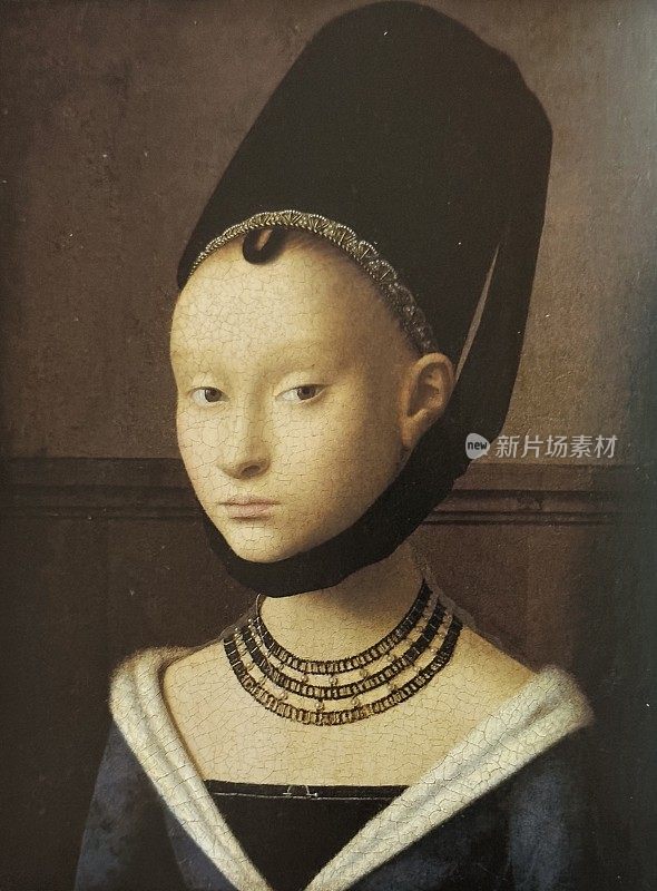 一个戴着黑色长帽子的年轻女孩的肖像，1470年