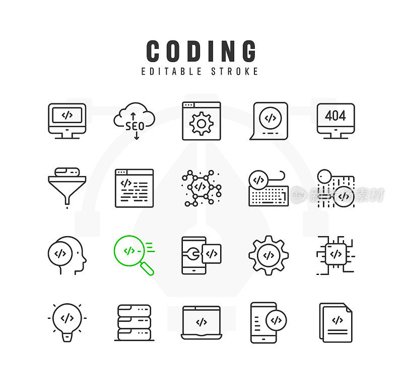 编码线图标设置。可编辑的中风。像素完美。