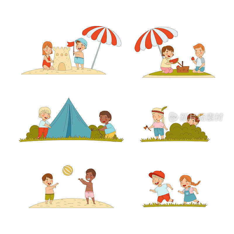 快乐的孩子们表演夏日户外活动集。可爱的男孩和女孩建造沙堡，露营，打排球，行走卡通矢量插图
