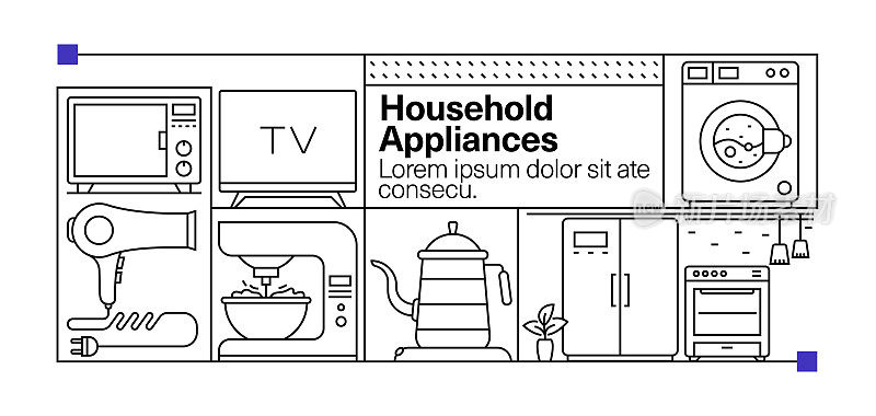 家用电器线图标集和横幅设计