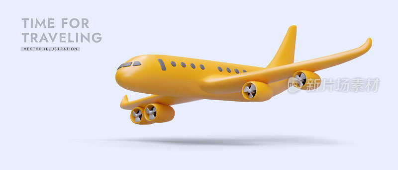 黄色3d逼真的飞机在蓝色背景上飞行。旅行社及航空公司海报