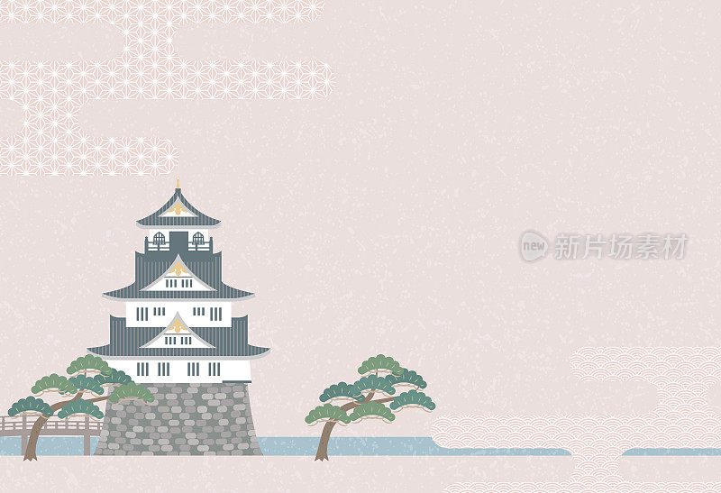 日本古堡和松树和雾霾的背景插图