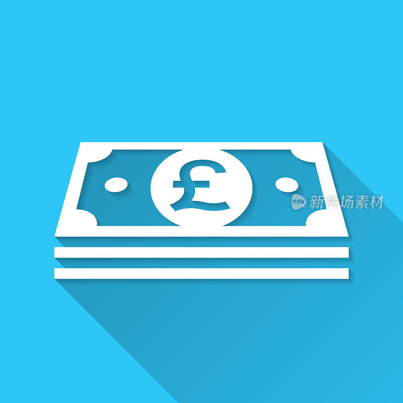 英镑的钞票。图标在蓝色背景-平面设计与长阴影