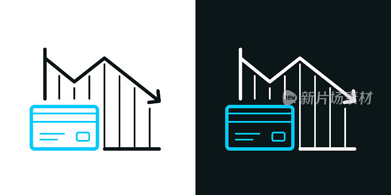 信用卡下降图。黑色或白色背景上的双色线条图标-可编辑笔触