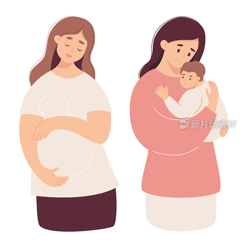 怀孕和做母亲。可爱快乐的怀孕女孩和怀抱新生婴儿的年轻母亲。矢量插图在平面卡通风格。孤立的女性角色。