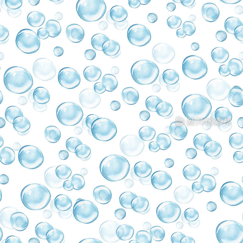 图案是无缝的，在一个随机的海泡。水中气泡的水彩画插图。圆形透明气球。适用于洗发水、化妆品、明信片、包装、设计、背景。