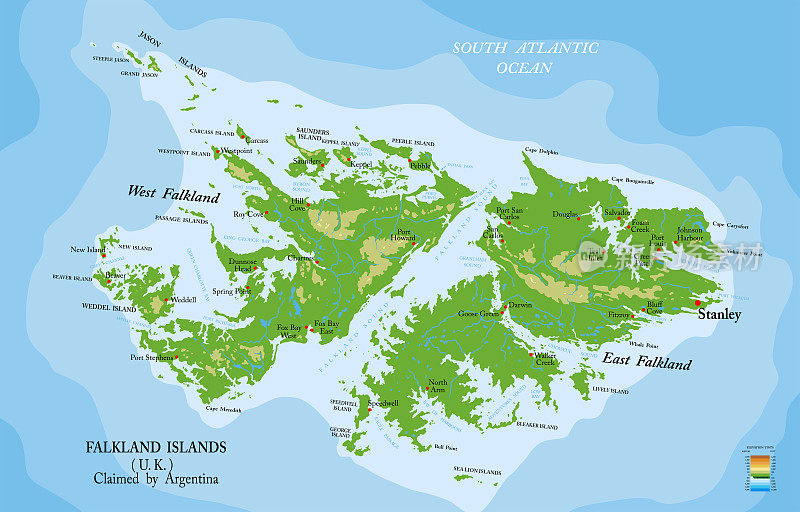 福克兰(马尔文)群岛实物地图