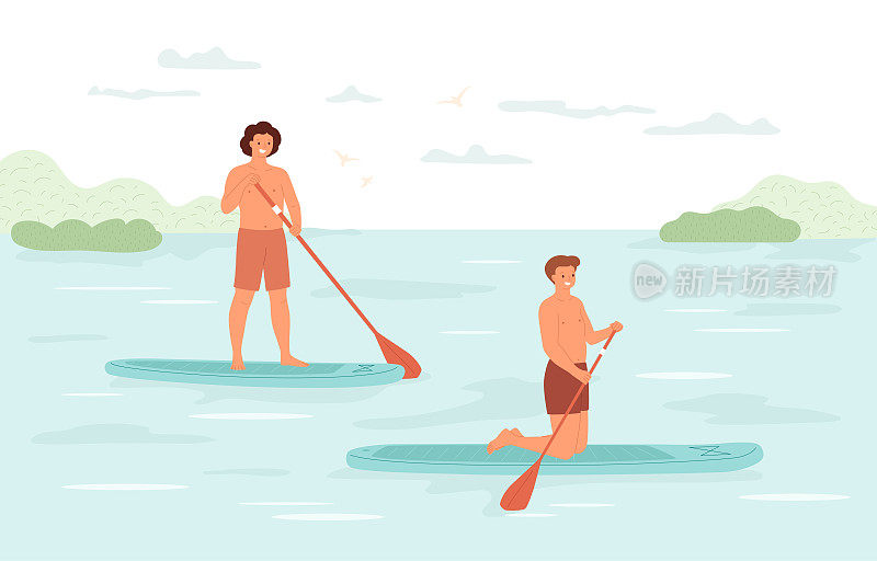 男人们在湖上划船。